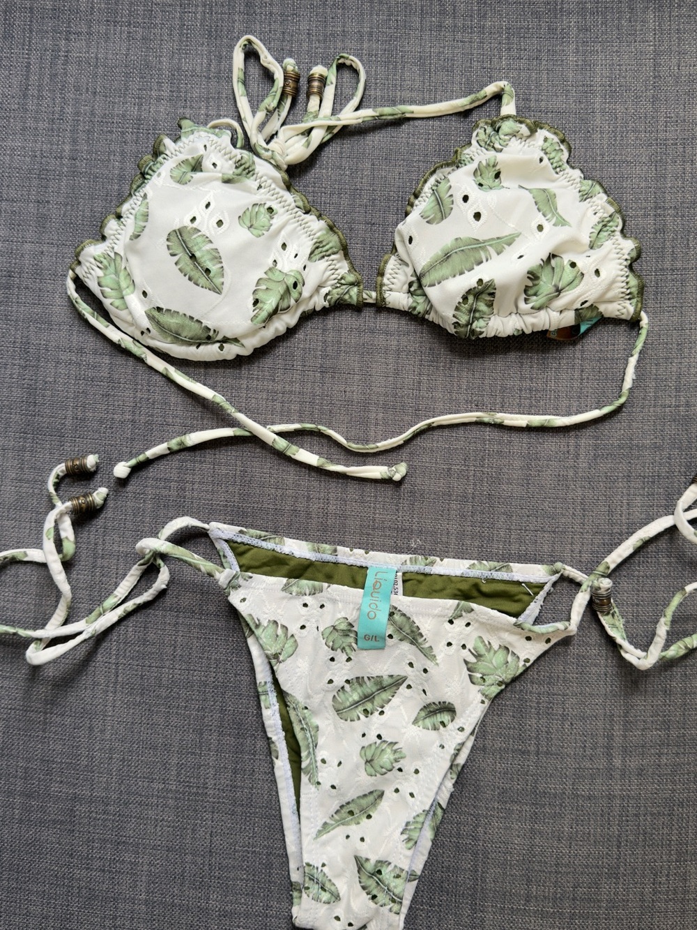 Liquido White & Green Leaf Print Triangle Bikini
